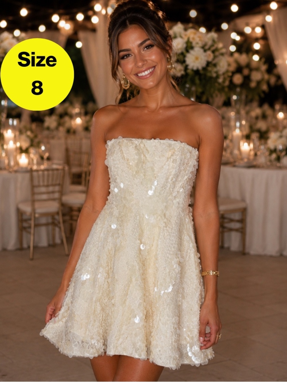NICOLE MILLER 🤍 Strapless, Sequins Formal Dress in Champagne Ivory (Women’s 8)